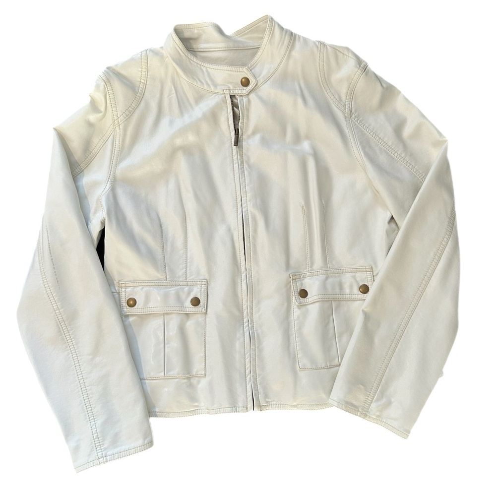 Ann Taylor Soft Faux Leather Zip Jacket White size XL snap collar and pockets